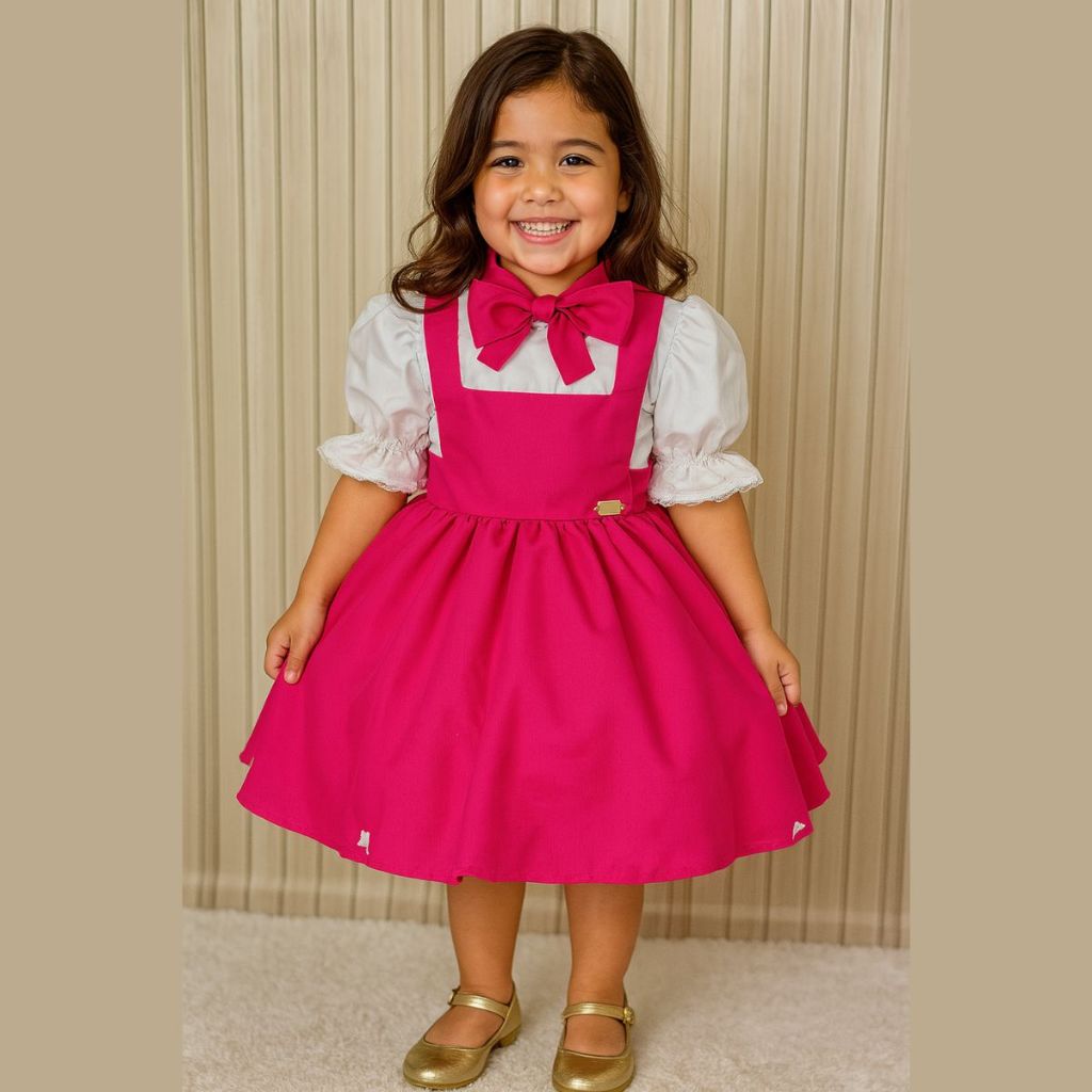 Vestido Infantil Camponesa Jardineira Pink C Lenço Luxo Ursinho