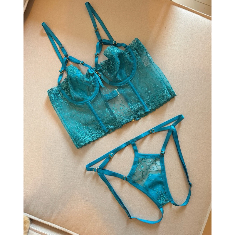 Conjunto de Lingerie Corset Tule Bordado Premium P ao G
