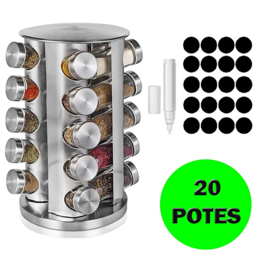 Porta Tempero 20 Potes Redondo Condimento Inox Suporte Giratório cozinha Decoração ETIQUETA + CANETA