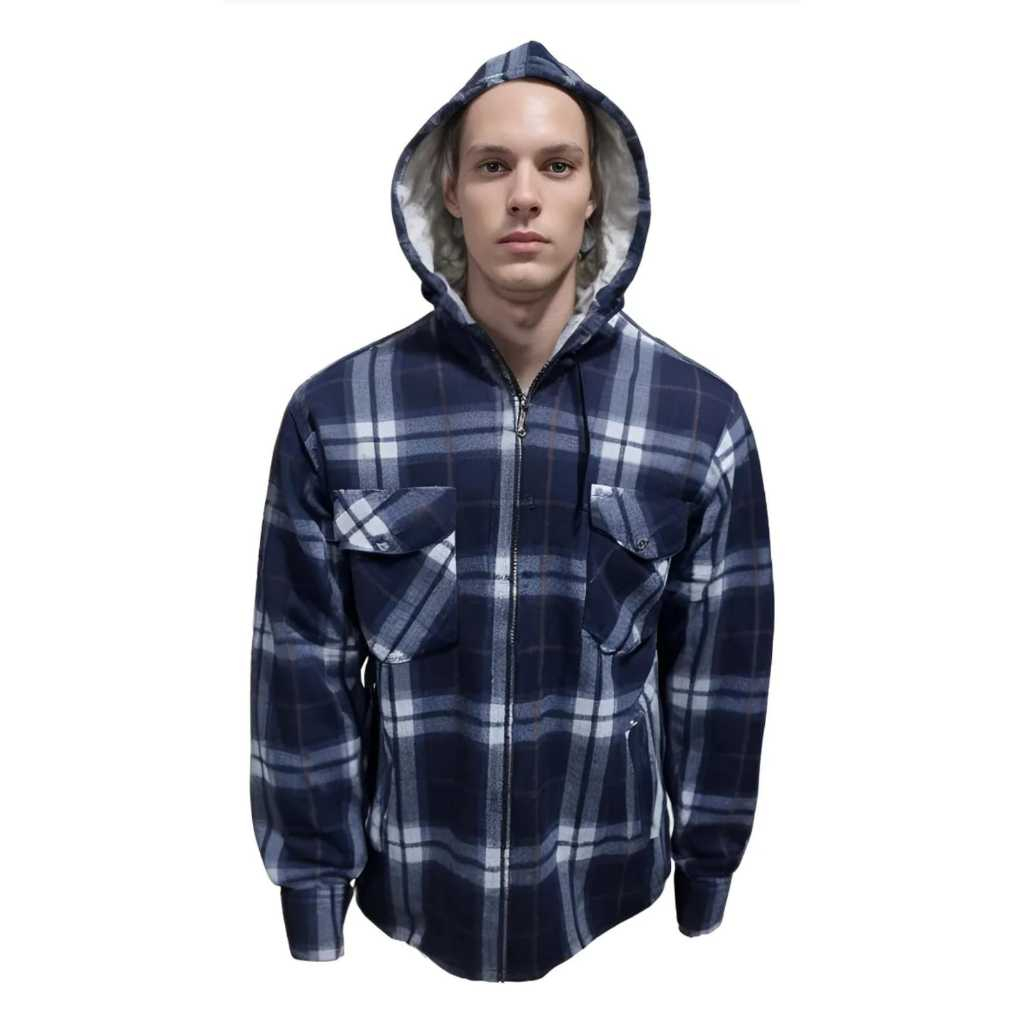 Jaqueta Xadrez de lã Masculina Forrada Com Zíper e Capuz Flanelada