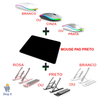 Kit Suporte de Notebook + Mouse Sem Fio Recarregável + Mousepad Suporte Alum./ABS Home Office