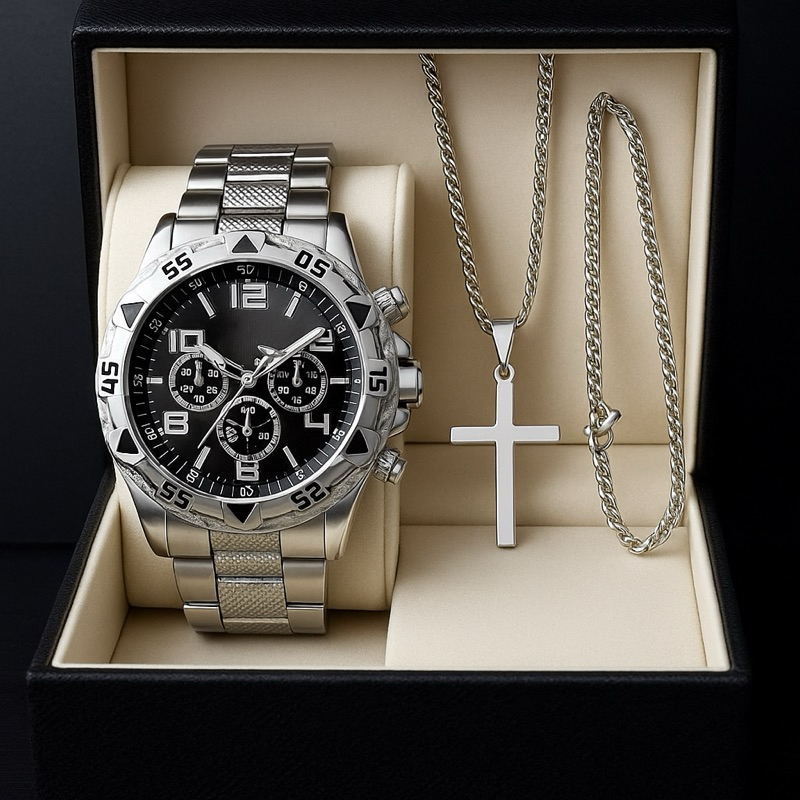 Kit Masculino: Relógio de Aço Inox + Corrente + Pulseira e Pingente Cruz –  Visual Sofisticado! | Shopee Brasil