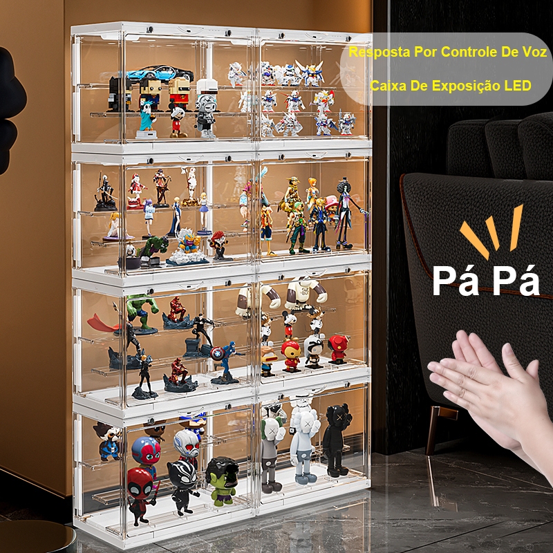 Caixa de Exibição para Action Figures 6 LEDs com Controle por Voz Porta Magnética 3 Prateleiras Ajustáveis Transparente