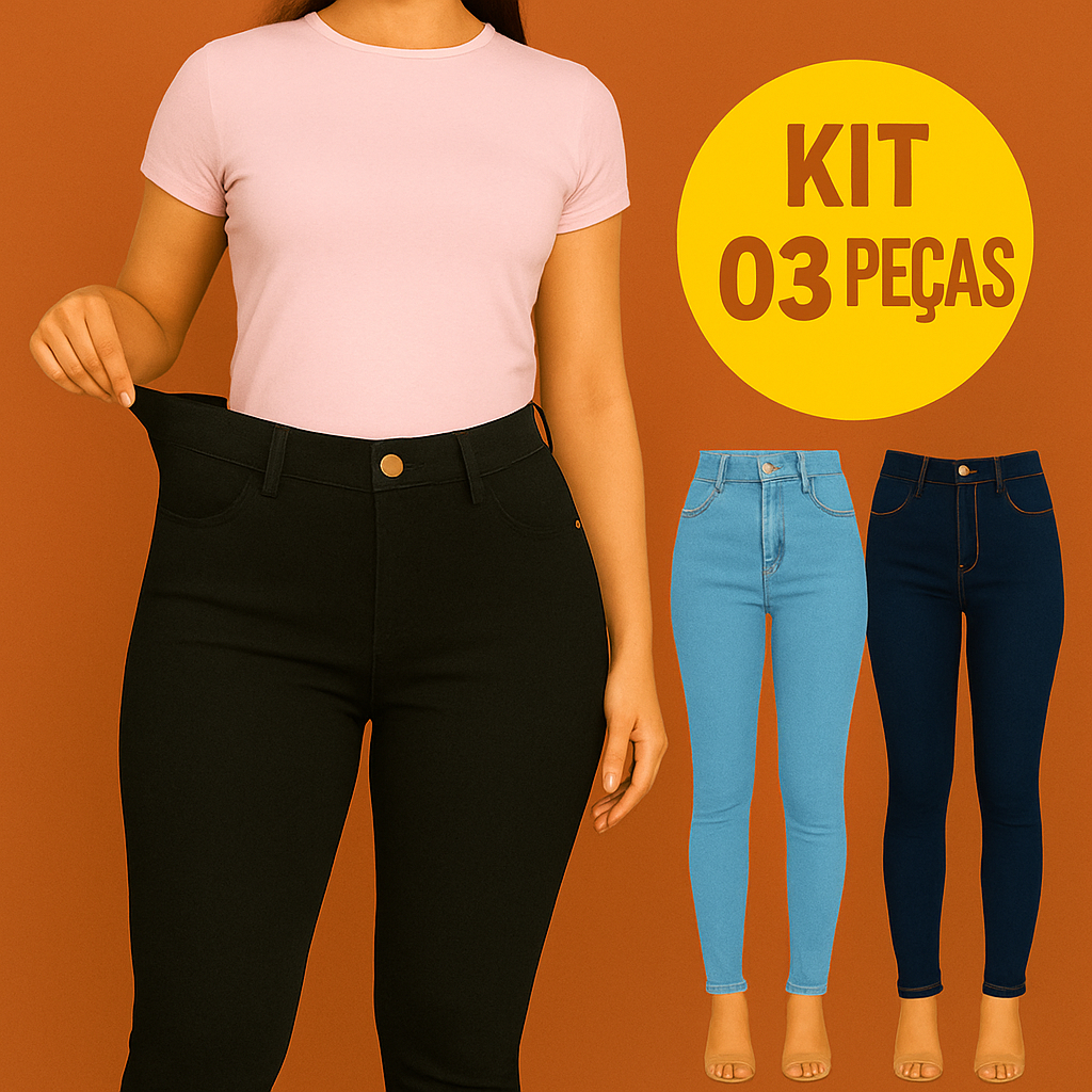 Calça Jeans Feminina Cintura Alta Skinny que Modela o Corpo – Kit com 3 ...