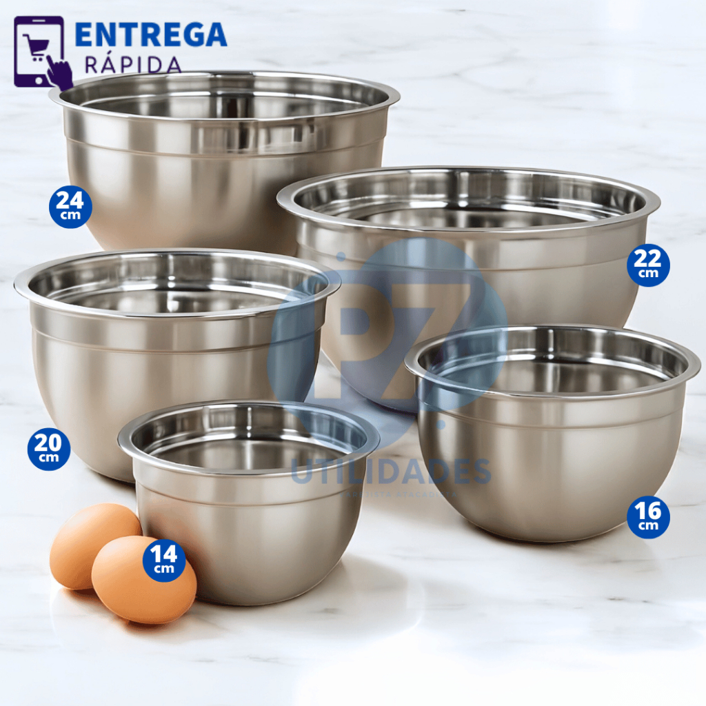 Jogo de Bowl Inox 5 Peças Tigela Inox Empilhável 14cm 16cm 20cm 22cm ...