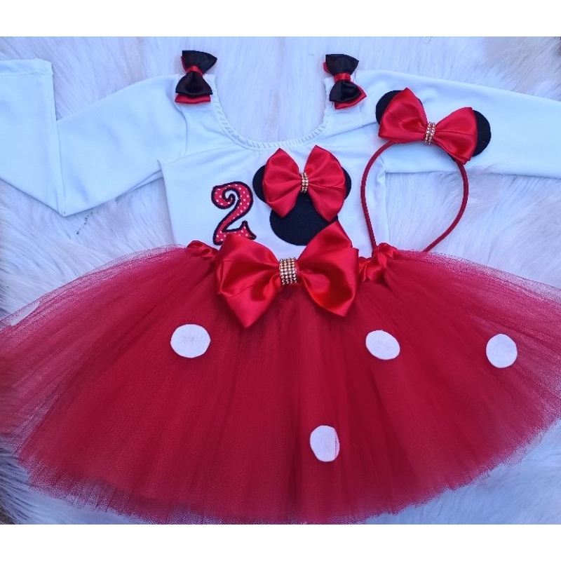Fantasia Minnie Vermelha Infantil Com tule e Laço Tiara