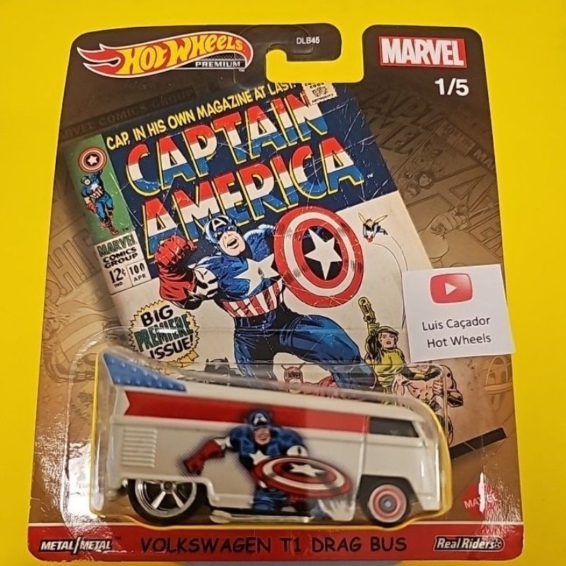 Hot Wheels 1/64 Marvel - Volkswagen T1 Drag Bus Captain America, édition 2021, Métal, Neuf