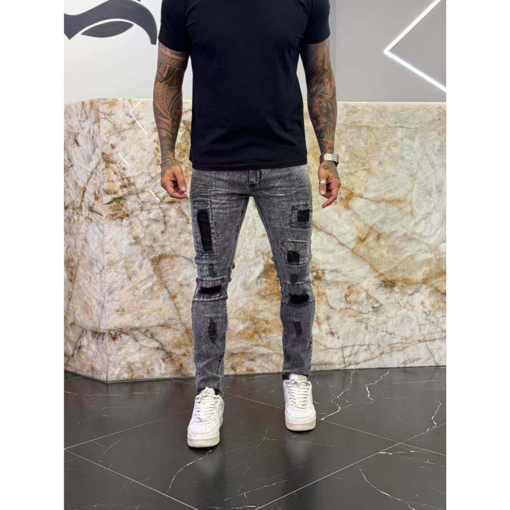 Manfinity Jeans Casual Slim Fit Desgastada com Bolso para Homens