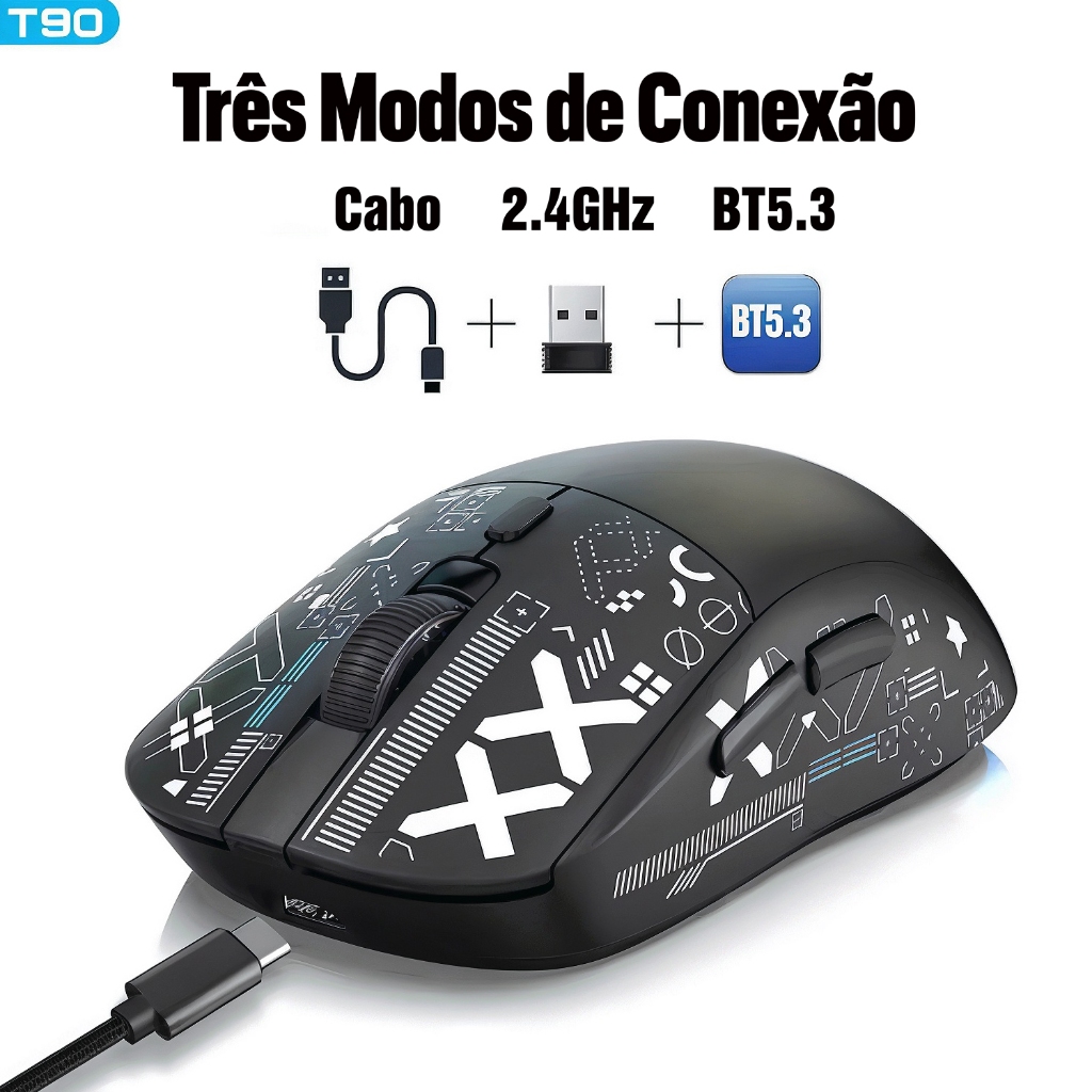 Mouse HXSJ T90 sem fio 3 modos BT+2.4GHz+Cabo, Clique silencioso ...