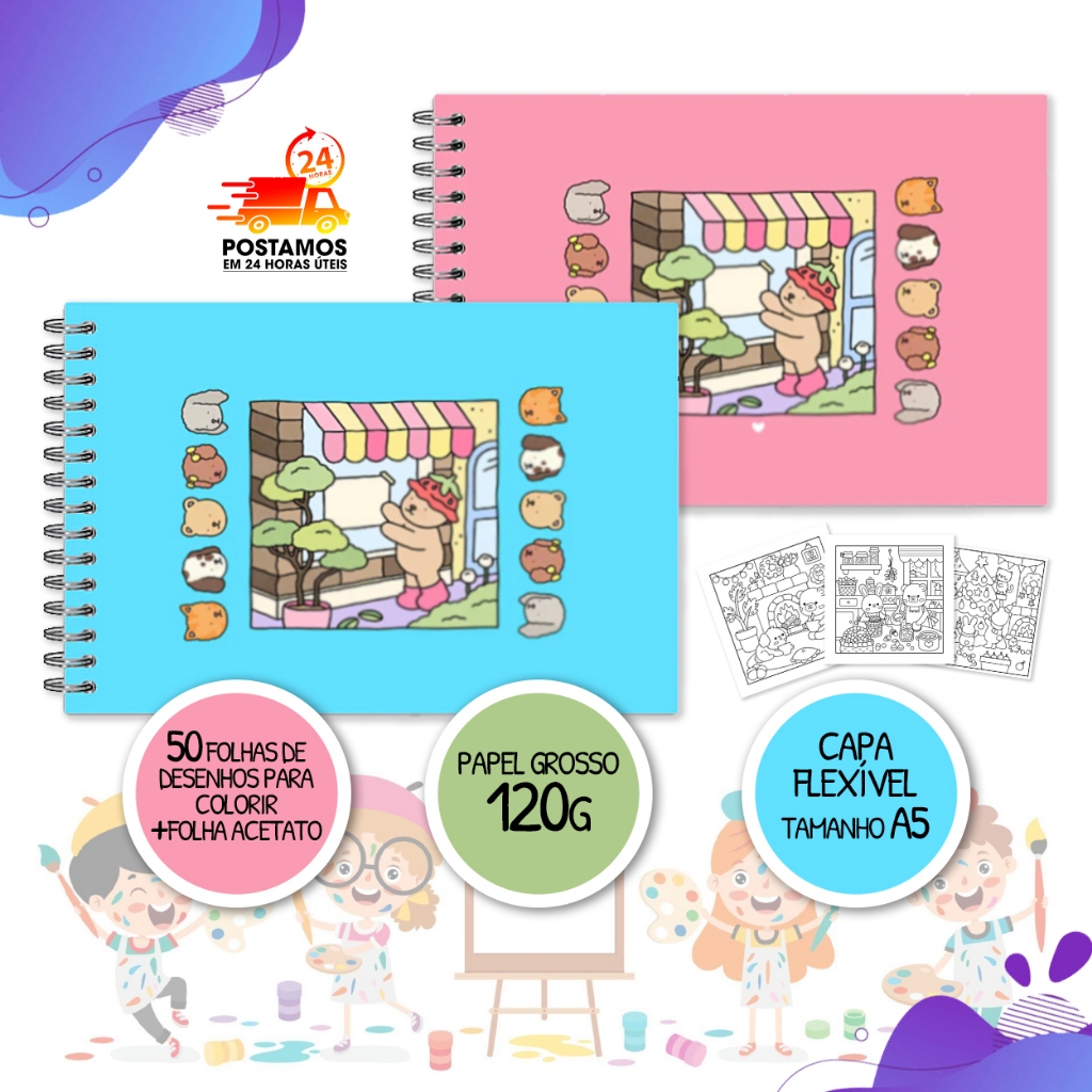 Livro Colorir 50 Desenhos 120g Caderno Desenho Pintura Ursinho Capa ...
