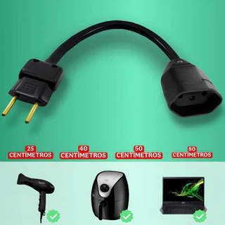 Cabo Cordão Prolongador Mini 25cm 10a/20a 2p/2p+t Extensão Elétrica Preto Reforçada Plug Reto