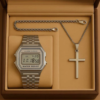 Kit Relógio Retrô + Corrente + Crucifixo Masculino Aço Inox + Pulseira – Oferta Imperdível