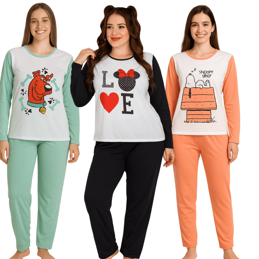 Pijama Feminino Adulto Longo Estampado Personagens/ Pijama Feminino Inverno/ Pijama Meia Estação em Oferta na Shopee