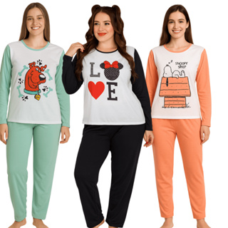 Pijama Feminino Adulto Longo Estampado Personagens/ Pijama Feminino Inverno/ Pijama Meia Estação em Oferta na Shopee