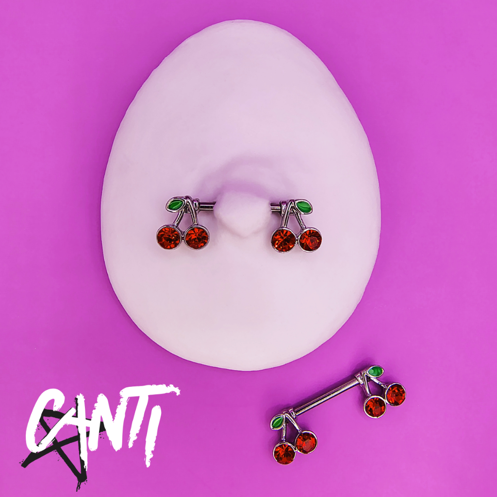 Kit c/ 2 Piercing Mamilo Cereja Aço Inoxidável 14mm Hipoalergênico Alta Qualidade Zircônia Vermelho Cereja