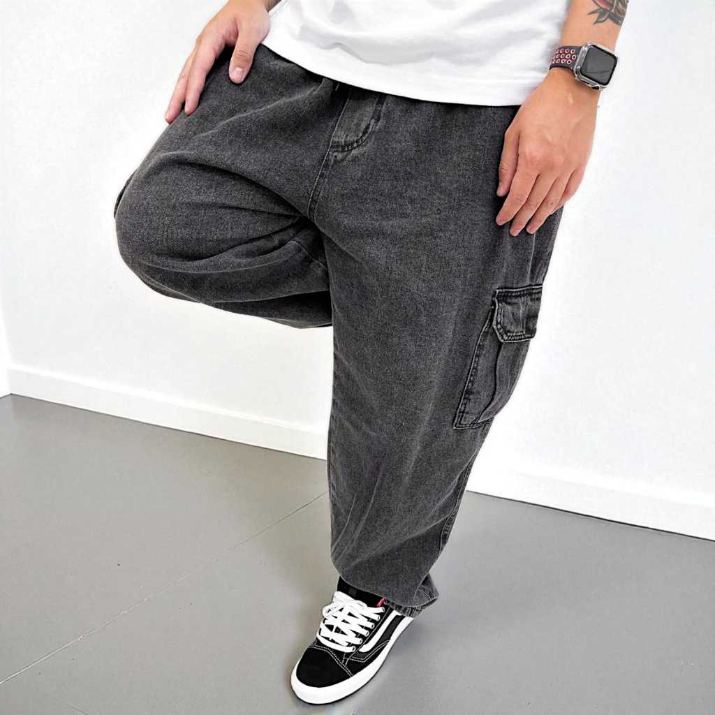 Calça Cargo Jeans Preto Estonado Streetwear Unissex