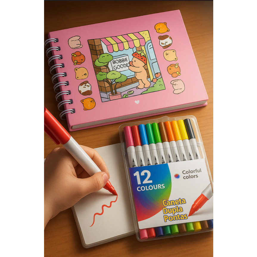 Livro De Colorir | 48 Páginas + 1 Folha de Acetato + 12 Canetas Brush ...