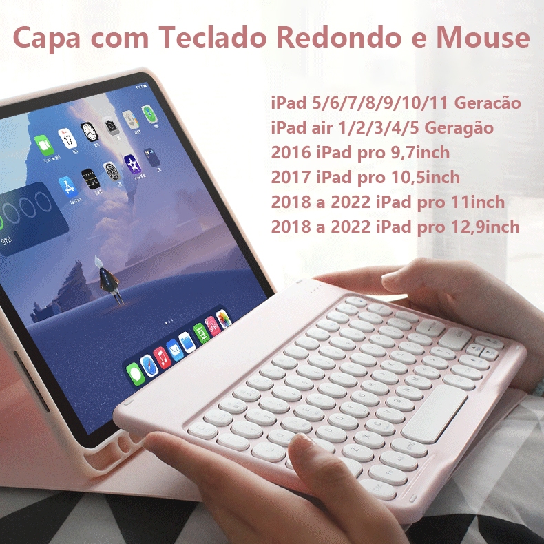 Capa Com Teclado Redondo E Mouse IPad 5 6 7 8 9 10 11 Geração, Ipad Air 1 2 3 4 5 Ipad Pro 9 7 10 5 11 12 9 Inch I.1472309513