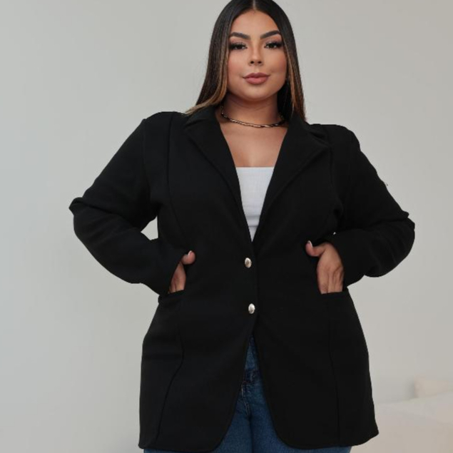 Blazer Feminino Plus Size Preto Neoprene Inverno Slim Caimento Perfeito Tamanhos Variados
