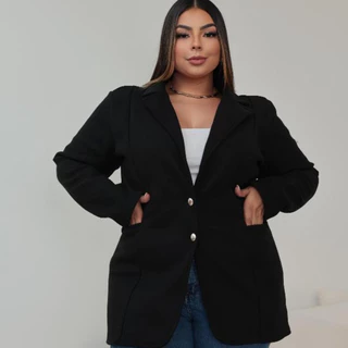 Blazer Feminino Plus Size Preto Neoprene Inverno Slim Caimento Perfeito Tamanhos Variados