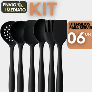 Kit Com 06 Utensílios De Cozinha Premium Silicone Preto Vermelho Refeições Domicílios Restaurantes