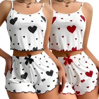 Kit c/2 Conjunto Pijama Baby Doll Feminino Verão Short Dool Blogueirinha Sexy Coração