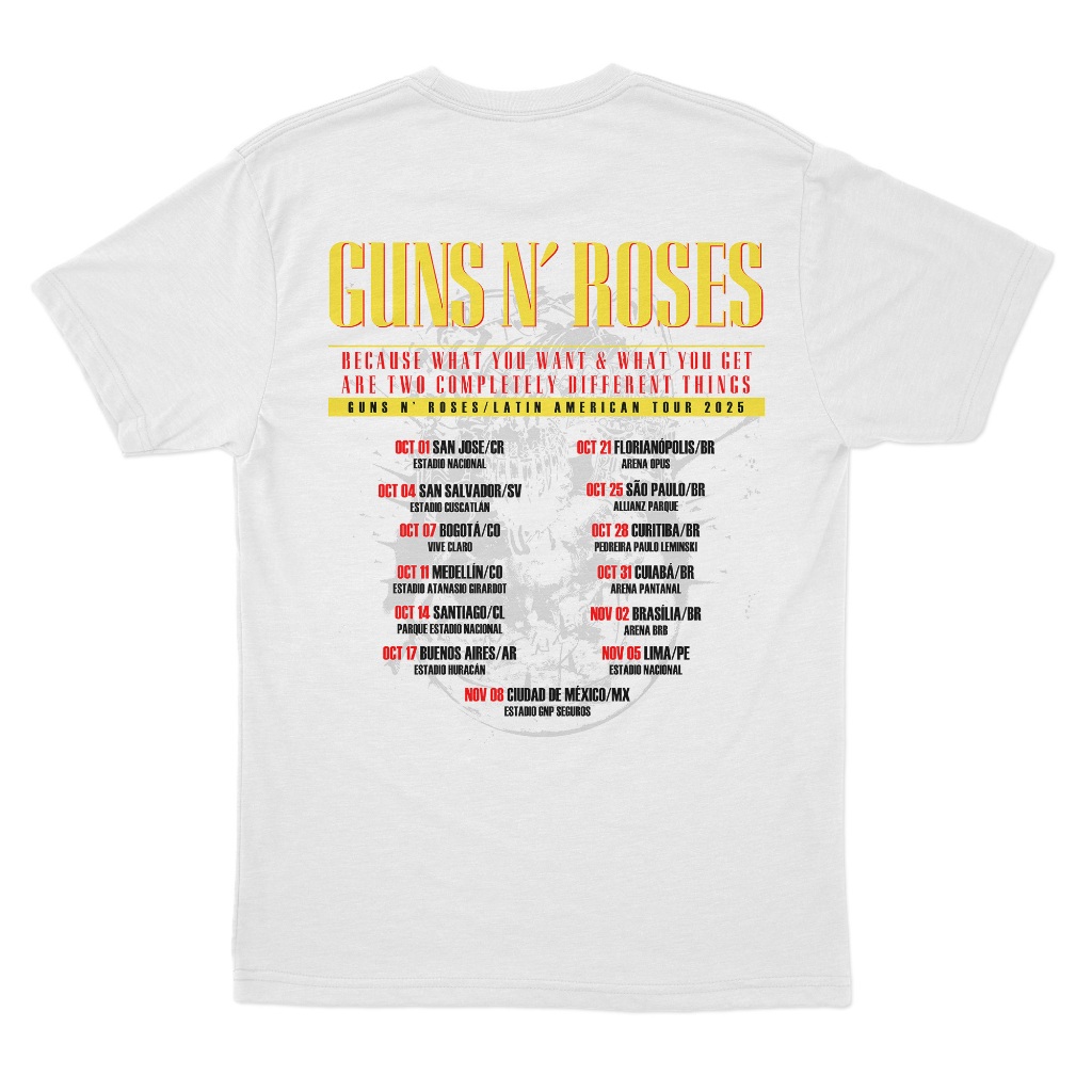 Camiseta Guns N' Roses Latin American Tour 2025 100% Algodão