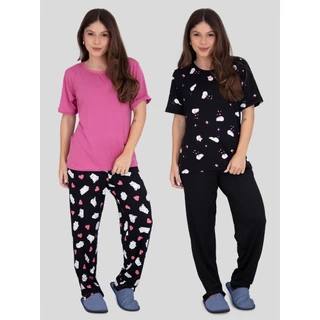 Kit com 2 Conjuntos de Pijama Calça Comprida e Manga Curta Estações em Oferta na Shopee