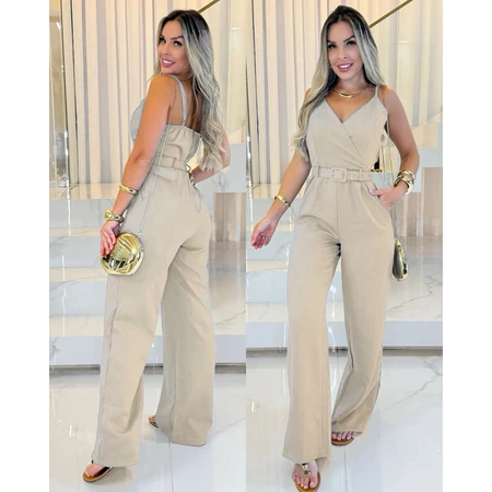 Macacão longo feminino alfaiataria social alça fina com cinto 