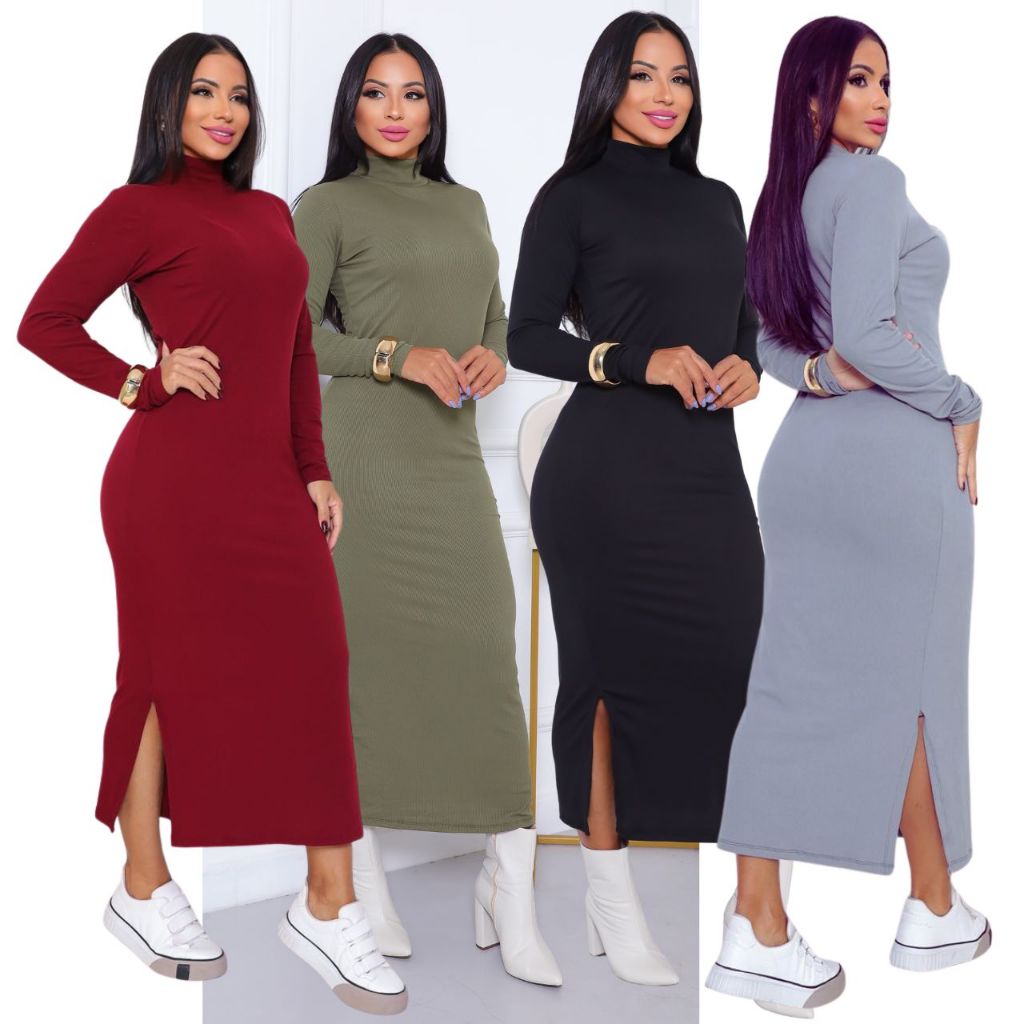 Vestido Longo Gola Alta Canelado Inverno Manga Longa Frio Moda Fenda ...
