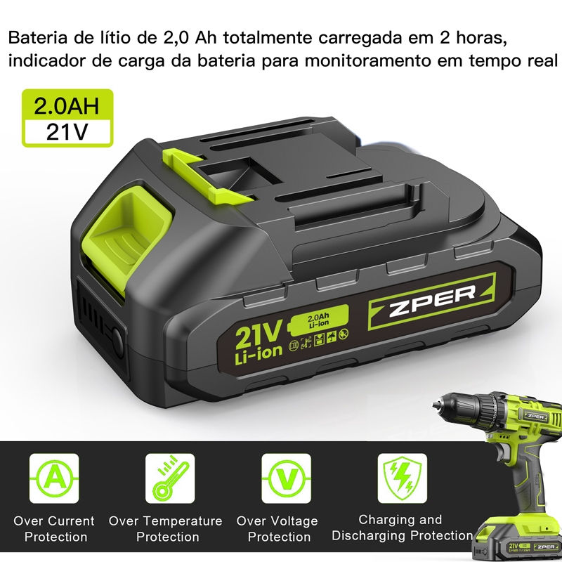 ZPER Furadeira Parafusadeira A Bateria 21V Com Duas Bateria Maleta