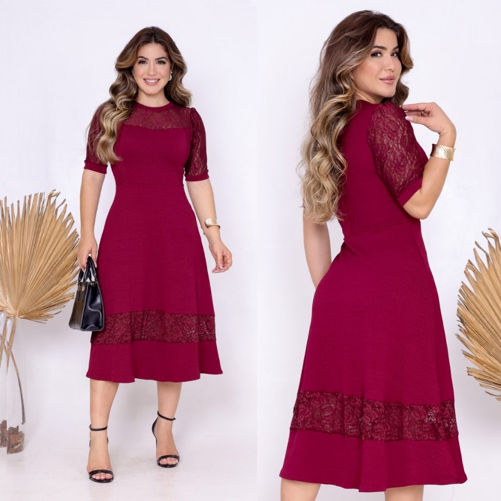 Vestido Midi Luxo Com Renda Moda Evangélica Elegante | Shopee Brasil