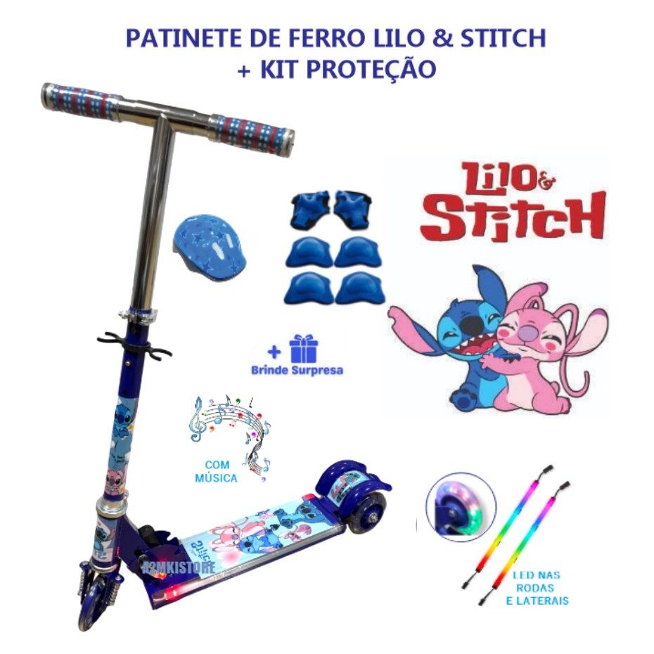 Patinete Infantil Stitch – Plegable Con Ruedas Iluminadas, Altura Ajustable Para Niños Y Niñas +5 Años