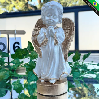 Imagem Anjinho da guarda Anjo Branco Perolado Branco e Dourado Gesso Lembrança Lembrancinha 20cm