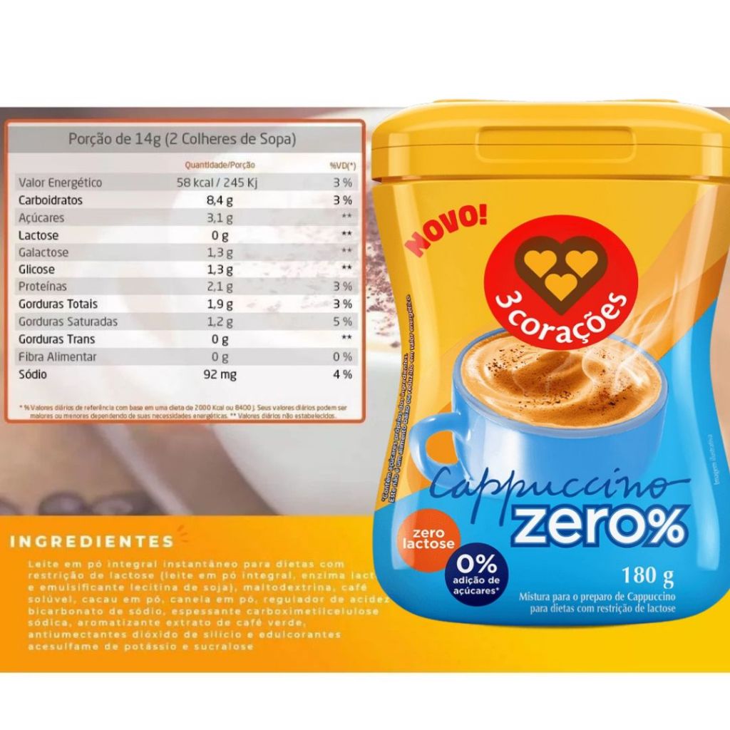 Cappuccino Balance Zero Lactose Zero Açúcar 3 Corações 180g - NOVA