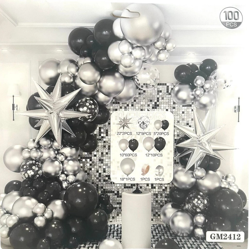 Kit c/ 100 Pcs Bexiga Cromada Prata Preto Balão Estrela Sputnik - Enfeite Festa Decoração