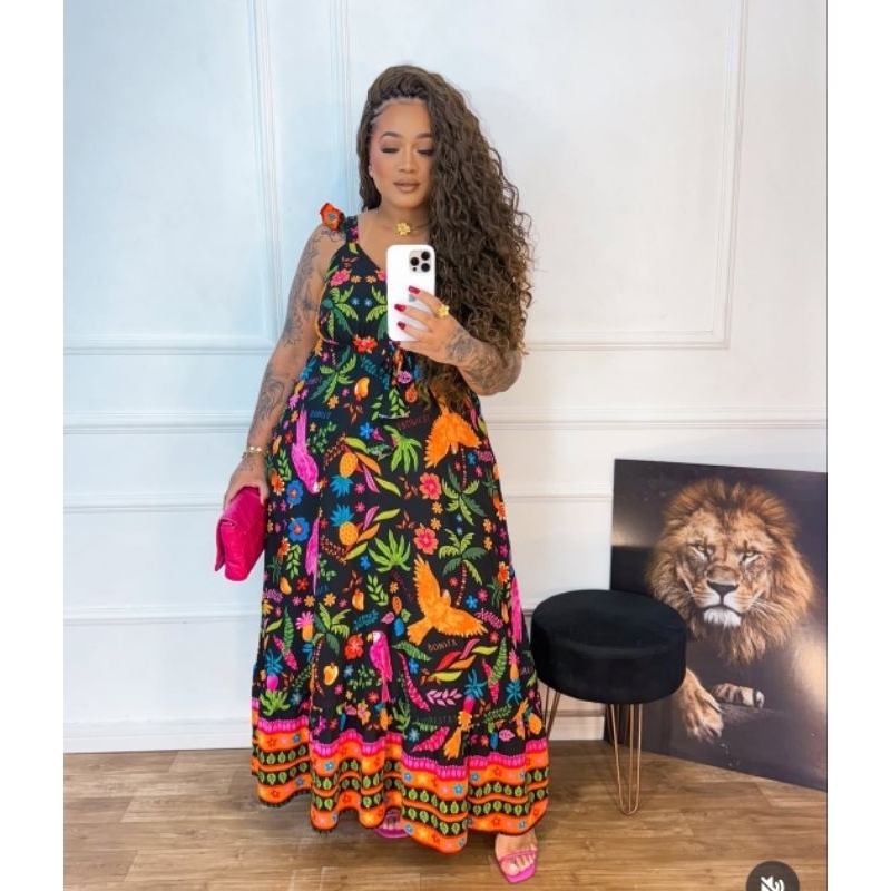 Vestido Longo Estampado Alça Plus Size Inspiração Farm | Shopee Brasil