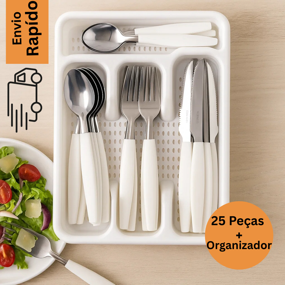 Kit Talheres Inox 24 Peças com Cabo Branco + Organizador | Shopee Brasil