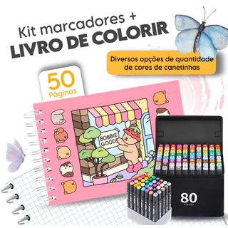 Kit Livro De Colorir Capa Dura 50 Páginas + Canetinhas Ponta Dupla Marca Texto 36/48/60/80