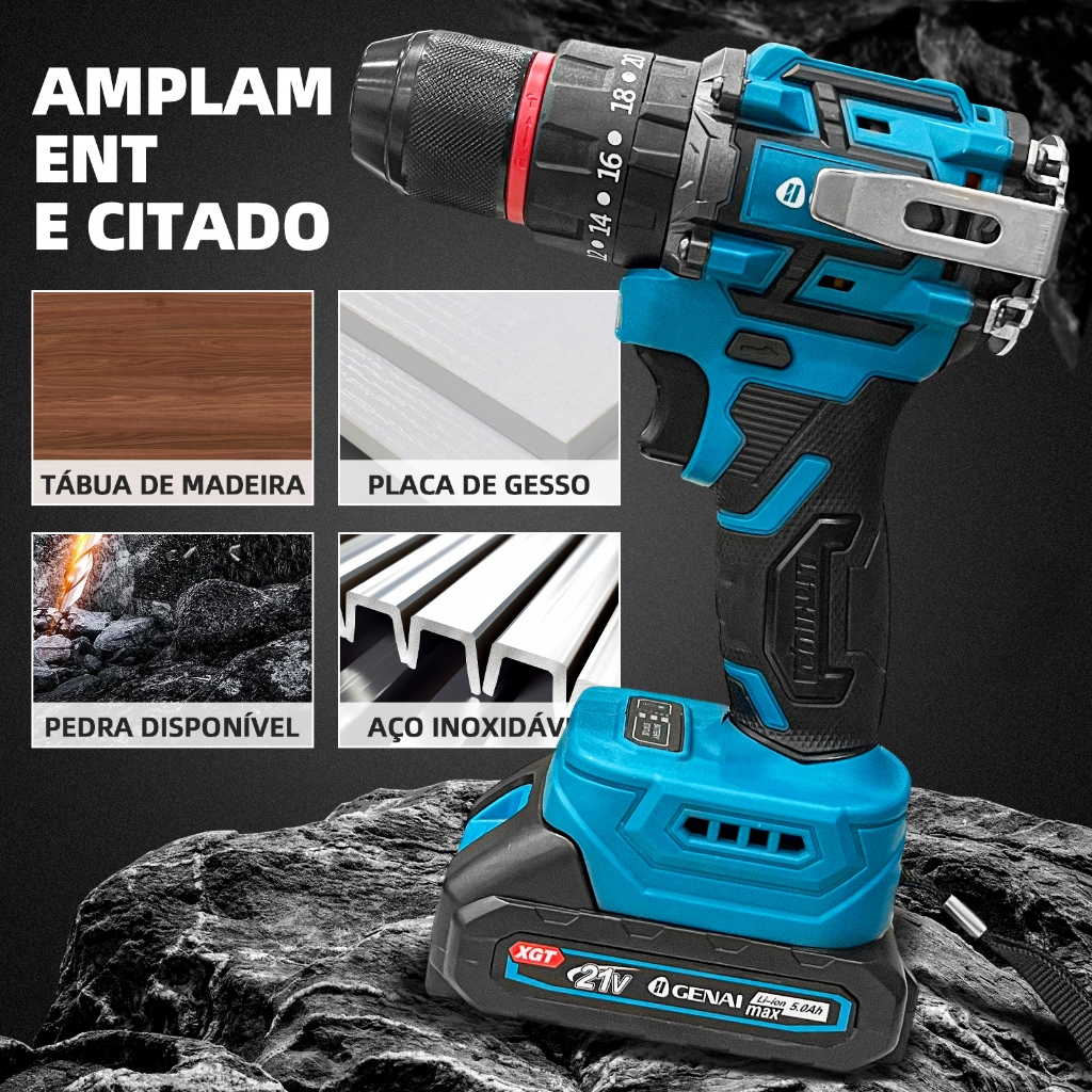 GENAI】Brushless Parafusadeira Furadeira 21V 2 Baterias Com Maleta