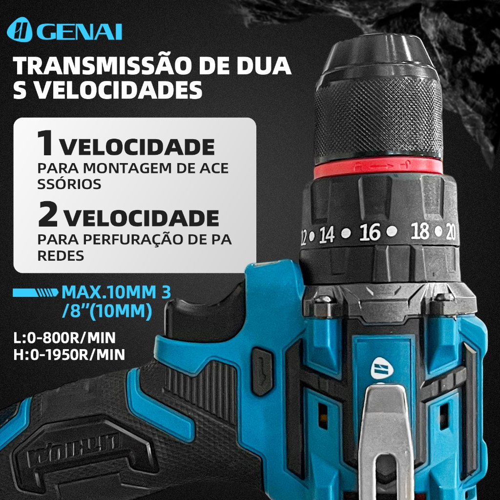 GENAl】Brushless Parafusadeira Furadeira 21V 2 Baterias Com Maleta