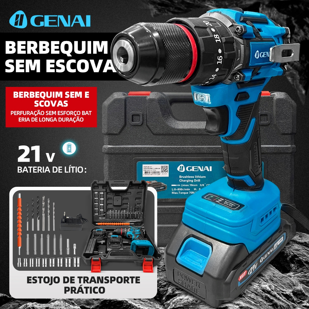 GENAl】Brushless Parafusadeira Furadeira 21V 2 Baterias Com Maleta