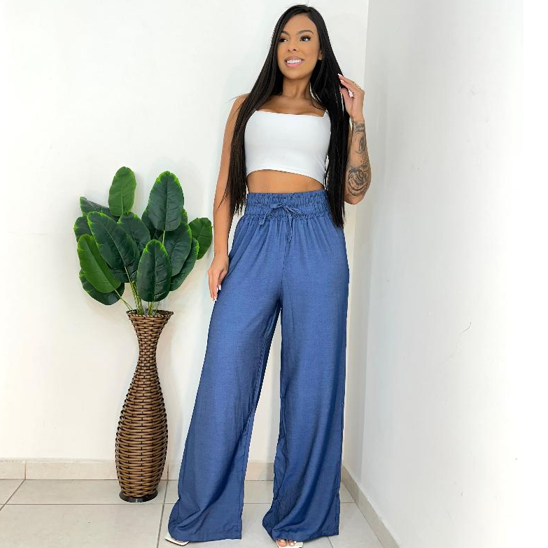Calça Pantalona Azul Jeans Feminina | Cintura alta com elastico ...