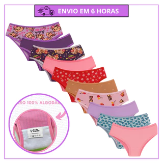 Kit 10 Calcinha Juvenil Infantil Algodão Calcinhas para Meninas com Forro de 100% Algodão