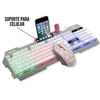 Kit Teclado + Mouse Gamer Semi-Mecânico Metal RGB Para PC Jogos LEY-2078 Com Suporte Para Celular