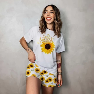 Pijama Feminino Manga Curta Girassol em Oferta na Shopee