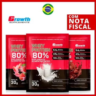 Kit até 10x Doses Whey Protein Growth Concentrado 80% Sache 30gr Sabores Sortidos Original