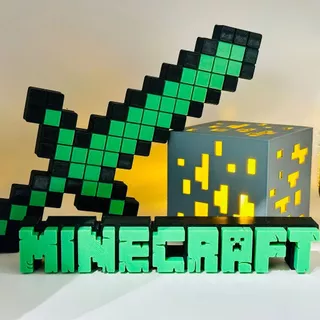 Kit Minecraft 3D com LED – Espada, Letreiro e Bloco de Diamante Presente Gamer Crianças Aniversário