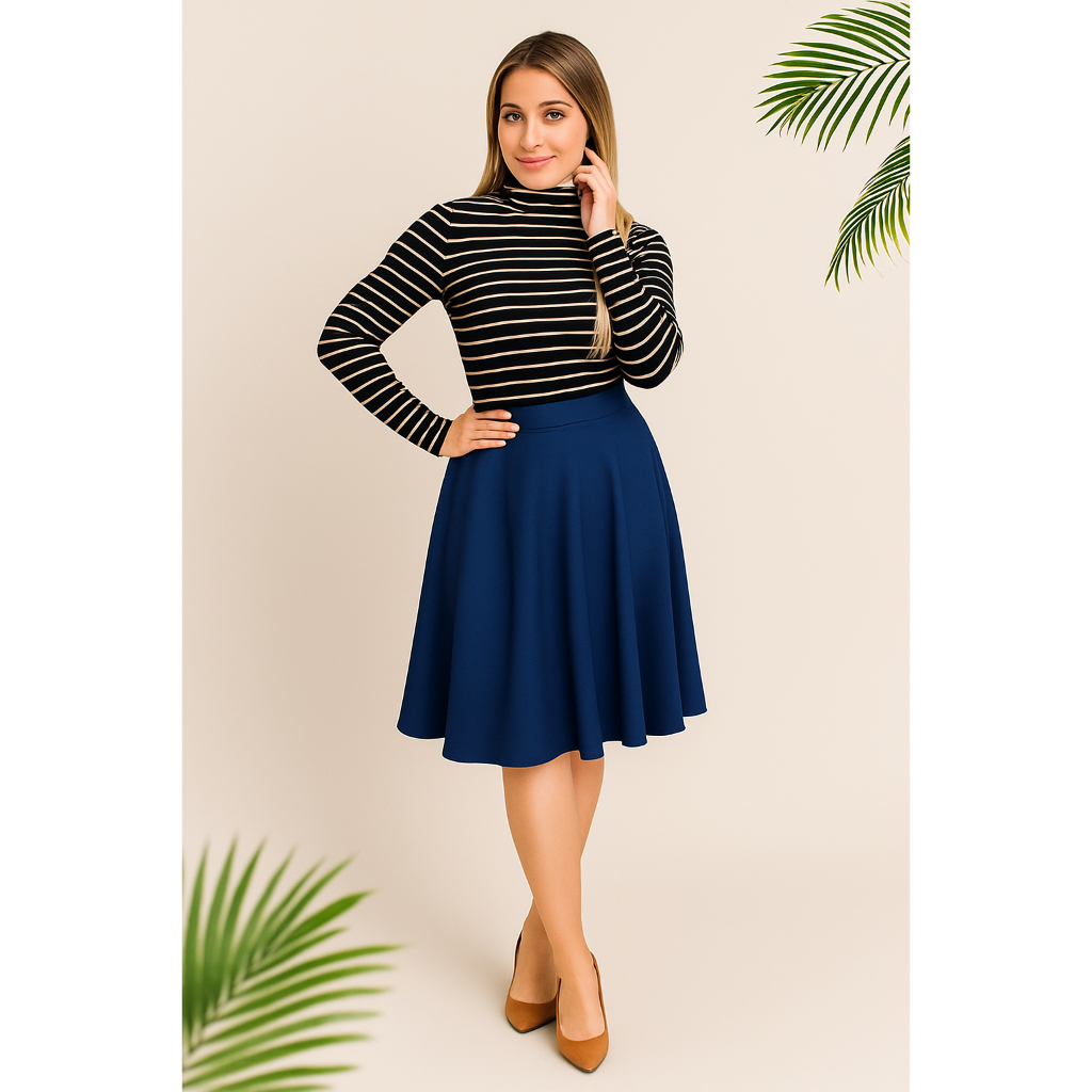 Saia azul marinho Godê Midi Rodada Cintura Alta Diversas Cores