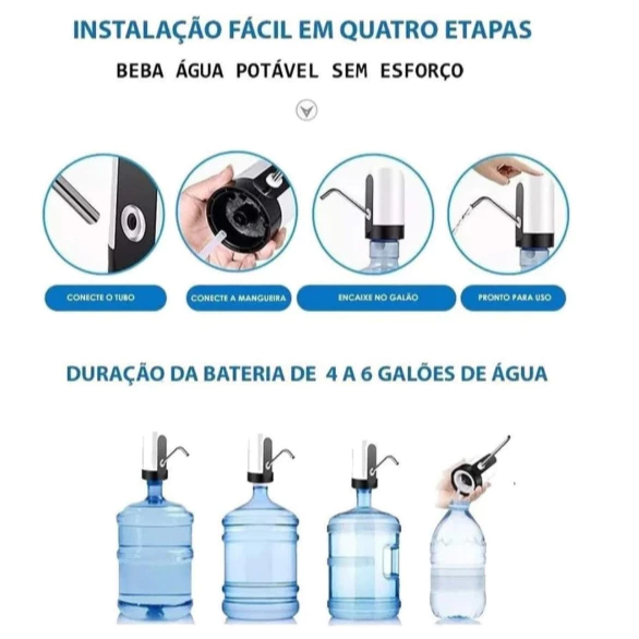 Diagrama de instalação fácil da bomba de água em quatro etapas: conectar o tubo, conectar a mangueira, encaixar no galão e pronto para uso, com informação sobre a duração da bateria de 4 a 6 galões de água e compatibilidade com diferentes tamanhos de garrafões.